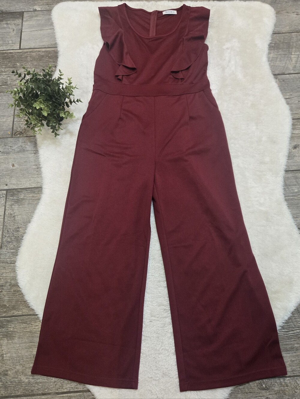 Berryou Burgundy Ruffle Sleeveless Wide Leg Elegant Jumpsuit, Size XL